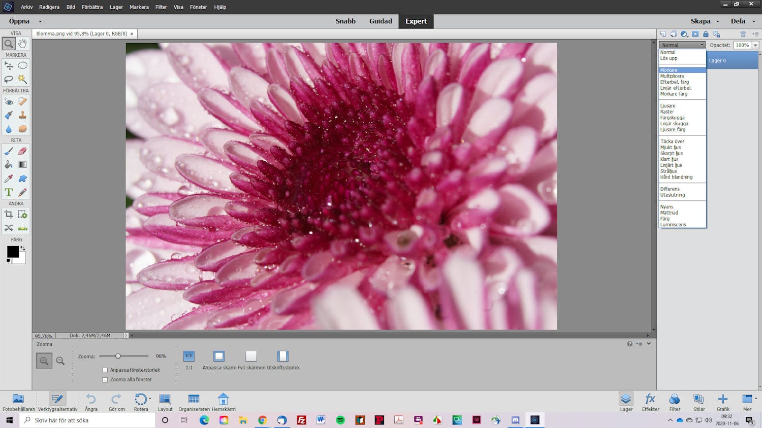 Skärmbild av olika blandningslägen i Photoshop Elements